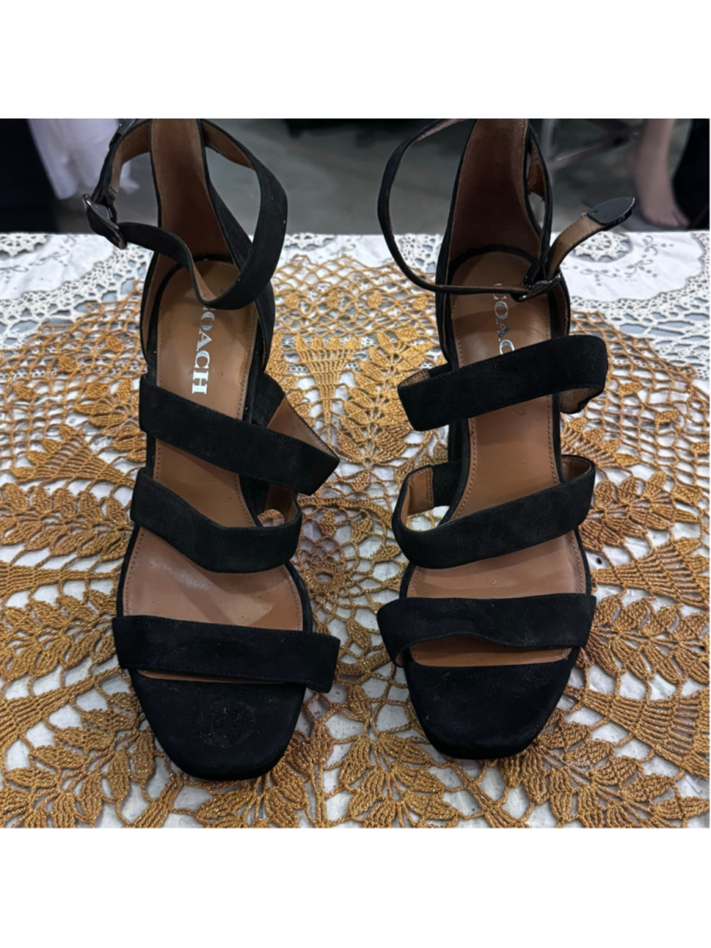 Coach Black Suede Ankle Strap Sandle Block Heel Sandals Size 10